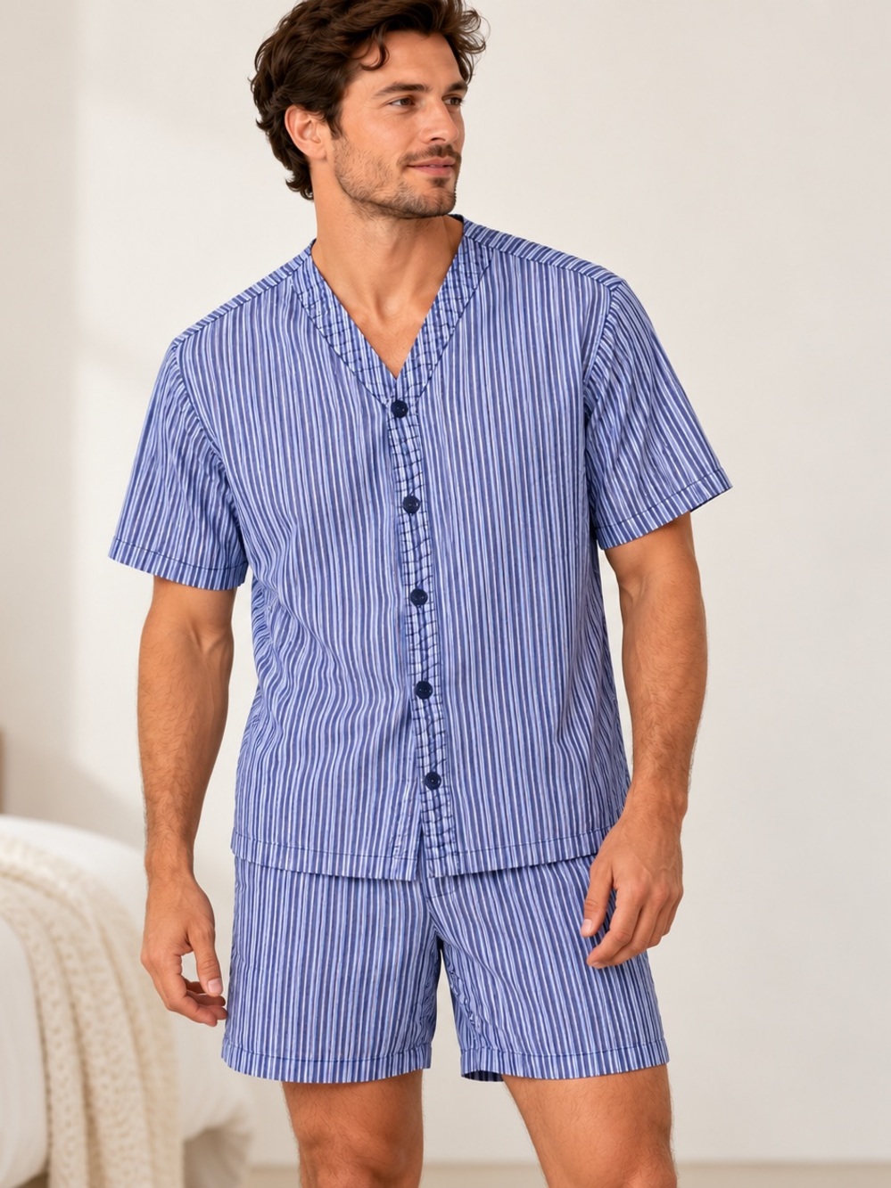 Menโs Blue Striped Cotton Short Sleeve Pajama Set